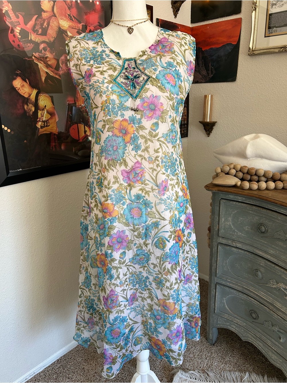 Vintage Fairycore Floral Midi Dress Size S Colorful Sequin Beads Glitter Chiffon